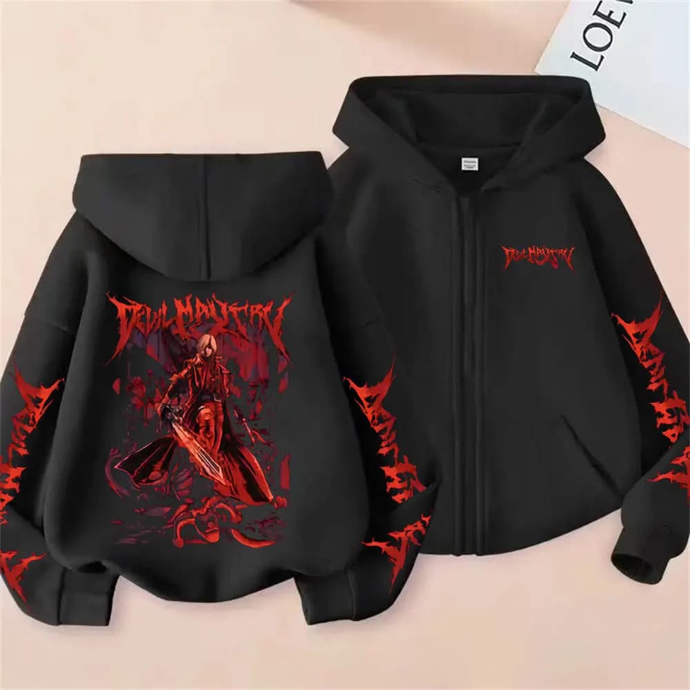 Felpa con Zip Grafica Devil May Cry Dante, Giacca Oversize Vintage Gotica Rock Unisex, Moda Cosplay Streetwear