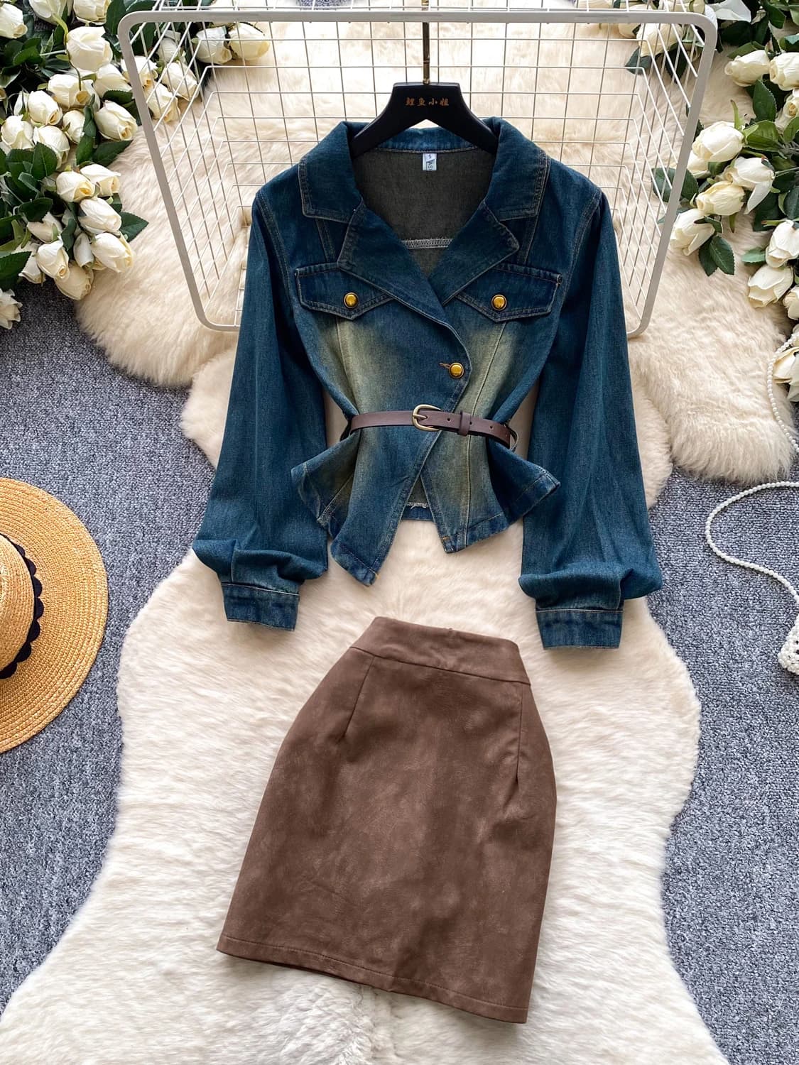 Retro Denim Set Women's Autumn Hong Kong Style Waist Cinching Slimming Belt Design Jacket Half Skirt Two Piece Set Anti Aging