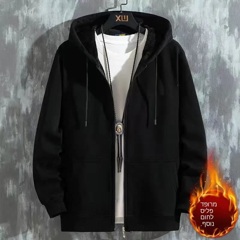 Men's Loose Fit Hoodie Cardigan Pure Color Fleece Lined Autumn Winter Casual Outerwear Versatile Student Jacket Zipper Closure