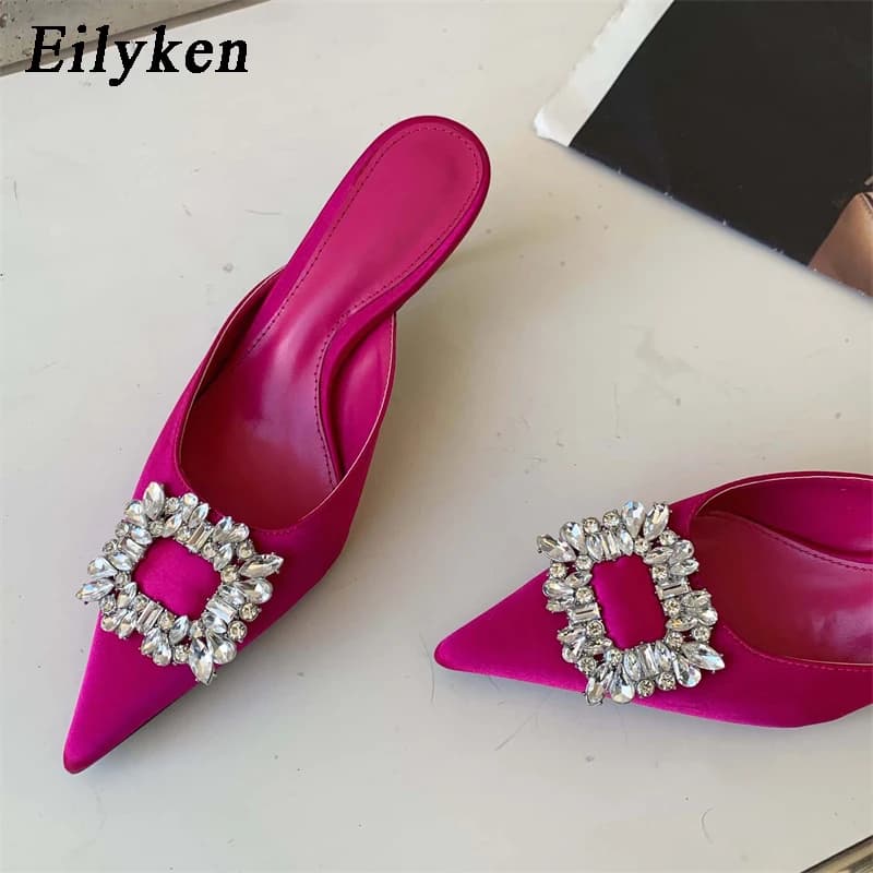 Eilyken 2026 New Autumn Metal Decoration Crystal Silk Slippers Women Pointed Toe Stripper High Heels 6CM Party Prom Lady Shoes