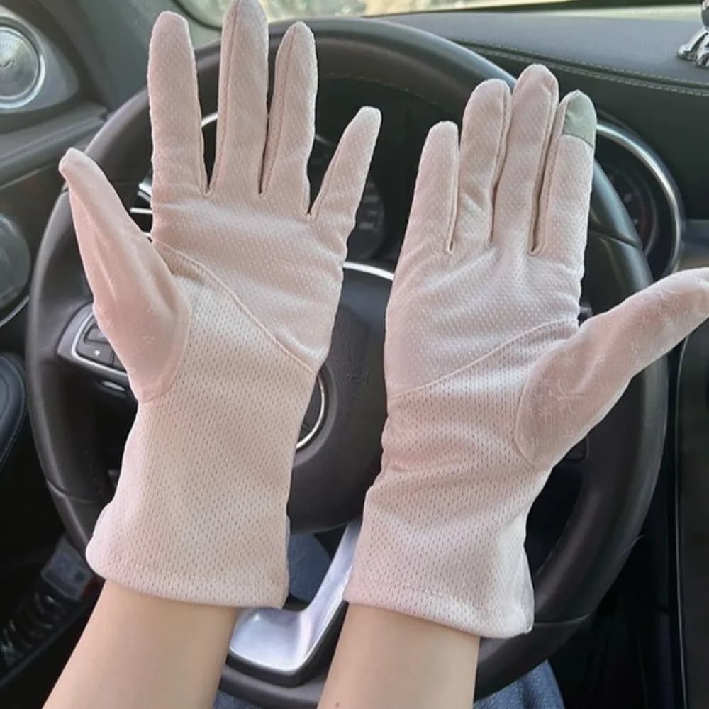 Guanti in pizzo a rete alla moda, antiscivolo, da donna, protezione solare, touchscreen, in seta ghiaccio, per esterni