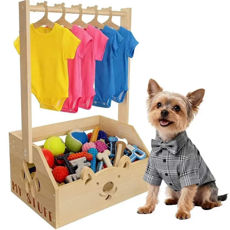 IDUNSEED 20x135x9 Inches Wooden Dog Closet for Small Dogs 2-in-1 Clothes Hanger Storage Basket Cute Pet-Face Design China