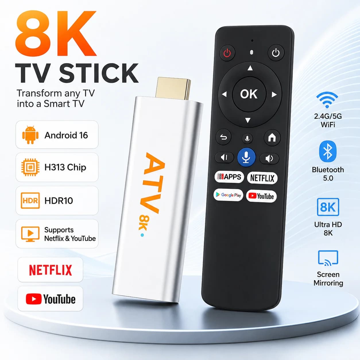 TV Stick Android 16 8K con Chip H313, HDR10, Telecomando Vocale, WiFi 2.4G/5G, Bluetooth, Lettore Multimediale in Streaming per Netflix e YouTube