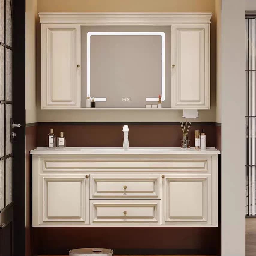 Mobiletto da bagno, lavabo integrato in ceramica, armadietto a specchio Feng Shui con specchio nascosto, lavabo per WC