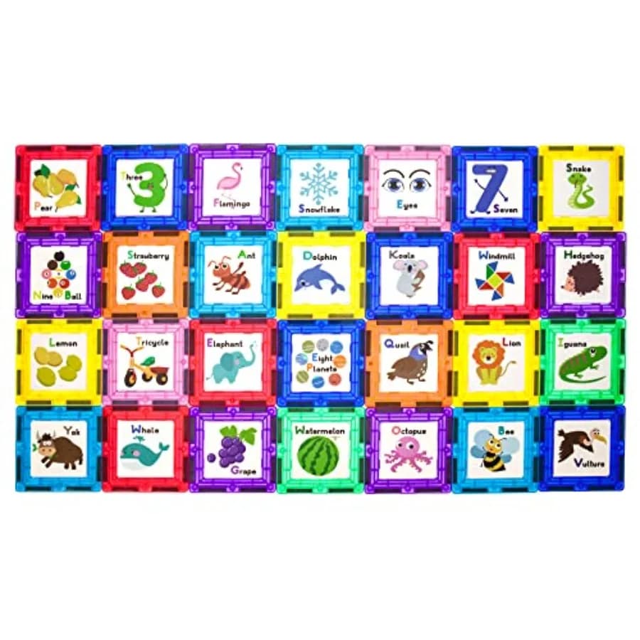 Magnetic Building Blocks with Tiles and Educational Artwork Graphic Click-in Inserts Magnet Construction Toy Set STEM Learning