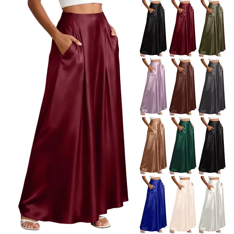 Gonne lunghe da donna in raso setoso, eleganti e casual, a vita alta elasticizzata, a trapezio, fluide, con tasche, per feste e vacanze, in chiffon