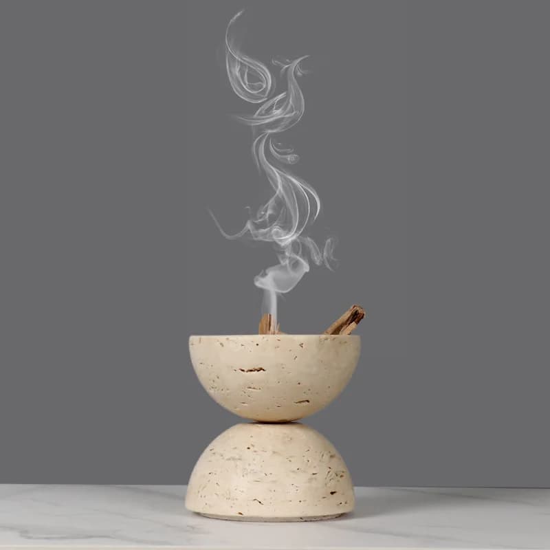 Natural Limestone Beige Marble Incense Burner, 9-hole Sphere, Arabic Wooden Plate Container, Dining Table Incense Rack