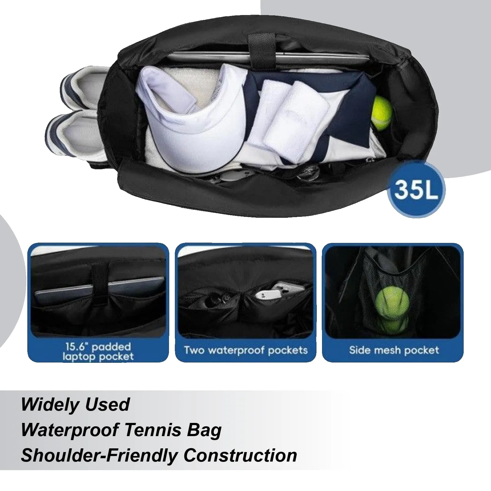 Tennis bag with shoe compartment, single shoulder bag tennis for 2 rackets, women's waterproof light bag