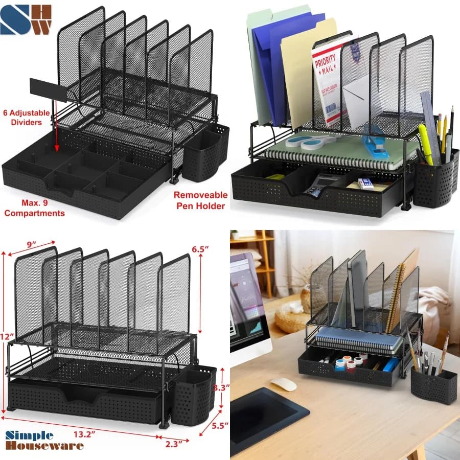 Organizer da scrivania in rete nera con cassetto scorrevole, design a doppio vassoio e 5 sezioni verticali per una gestione efficiente dei cavi e documenti