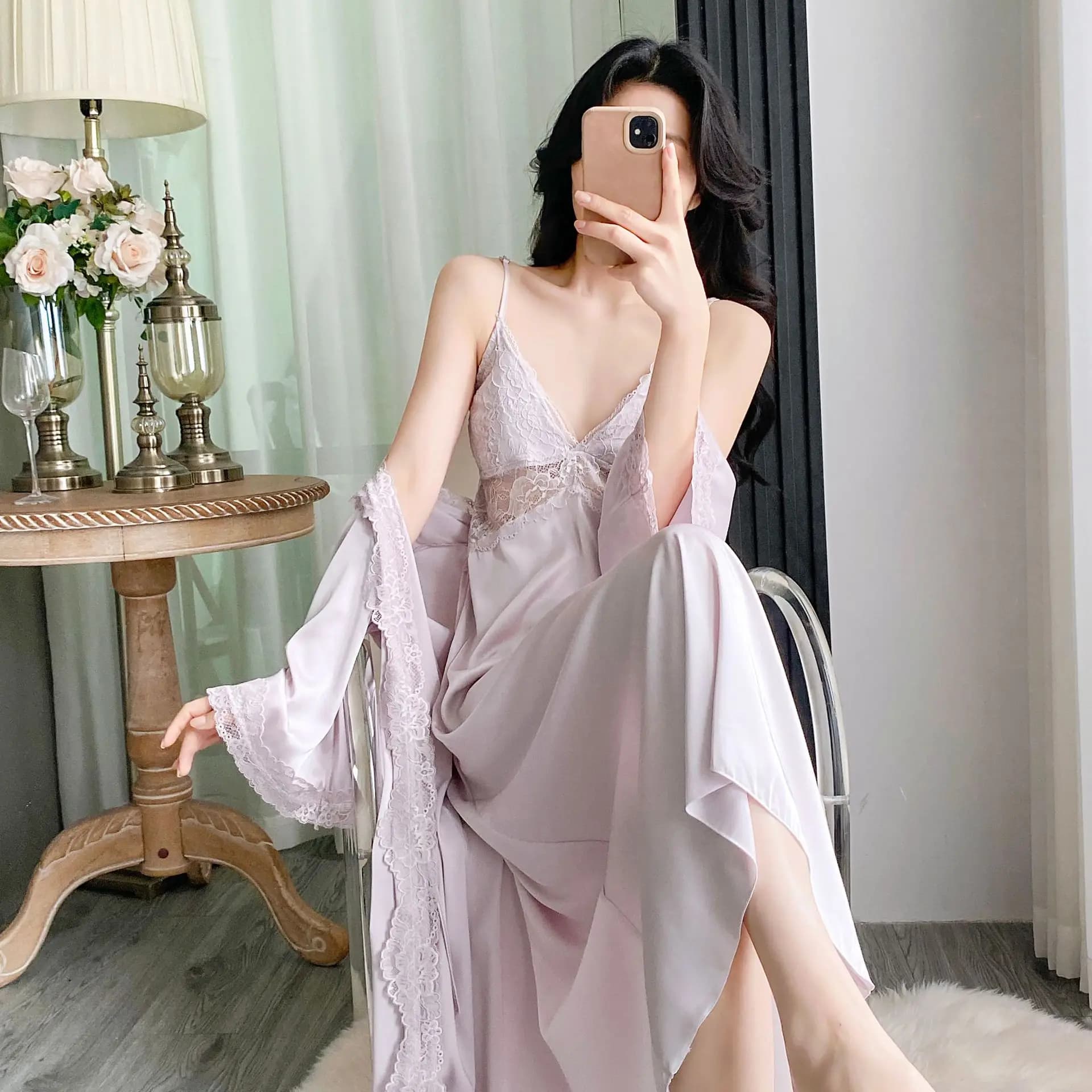Set Pigiama Estivo da Donna 2 Pezzi: Vestaglia e Camicia da Notte in Raso di Seta con Pizzo, Kimono e Abbigliamento da Casa