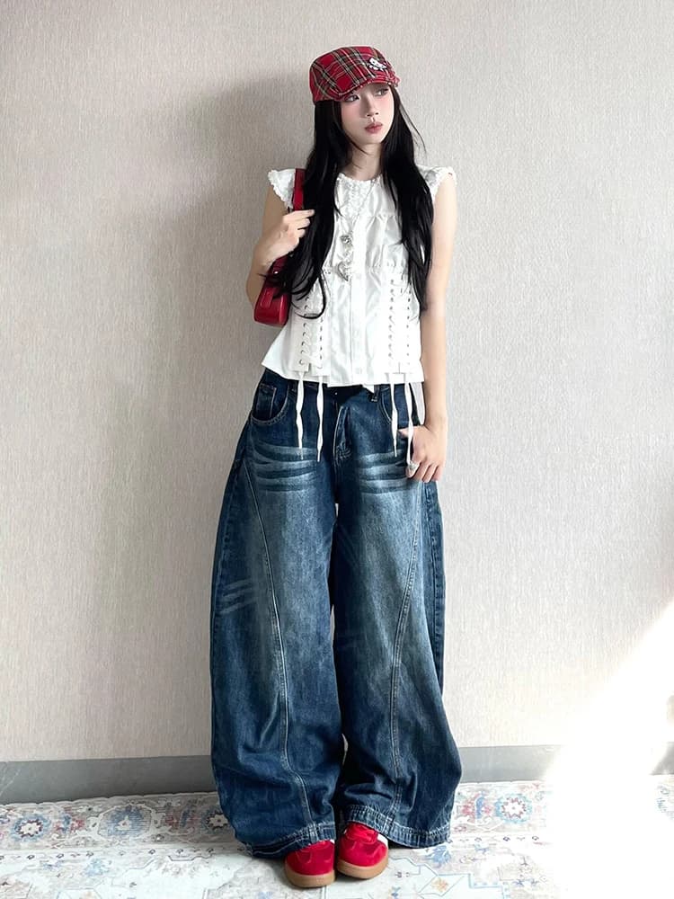American Retro Washed Knife Wide Leg Jeans Women Summer High Waist Loose Floor Length Straight Cut Trousers