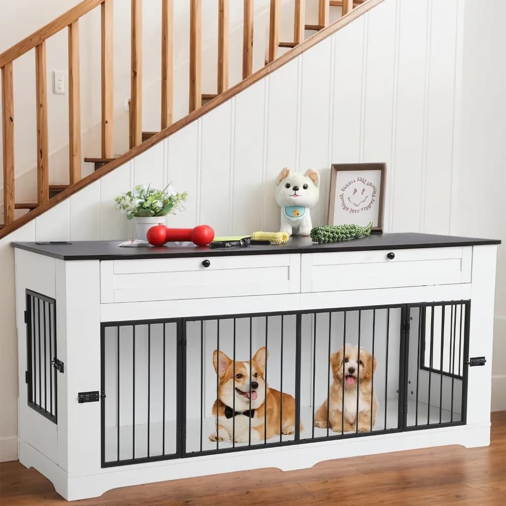 Mobili per casse per cani di grandi dimensioni, gabbia per cani decorativa resistente per interni, tavolino in legno per gabbie per cani con stazione di ricarica