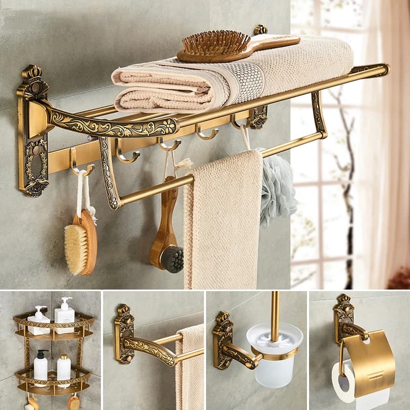 Set di accessori per il bagno antico Portasciugamani a parete Portaspazzole per WC Portasciugacapelli Portasapone Doccia Accessori per rack ad angolo