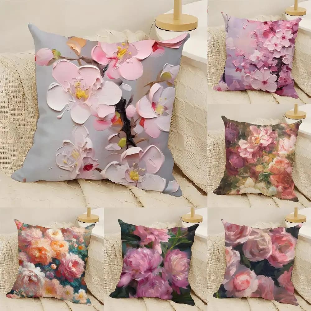 Pink Peony Rose Cherry Cushion Cover Natural Linen Organic Fabric Double-Sided Printing Sofa Home Decor Gift Pillow Cover