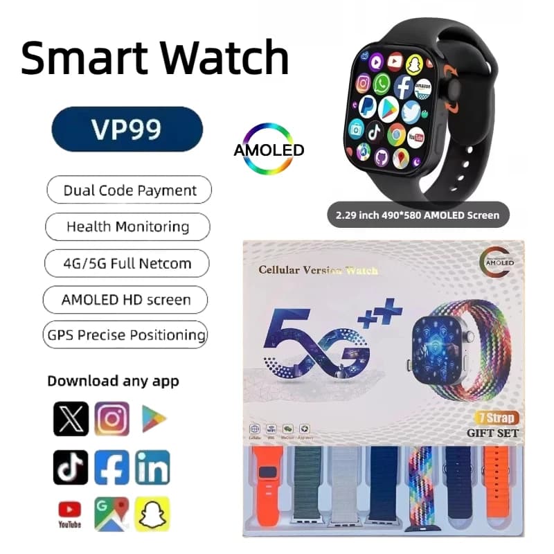 HOT VP99 Astuto Della Vigilanza Android OS 4G/5G LTE 2.29 Pollici AMOLED GPS WIFI SIM Card Della Macchina Fotografica NFC Grande Batteria Smartwatch Per Le Donne Degli Uomini
