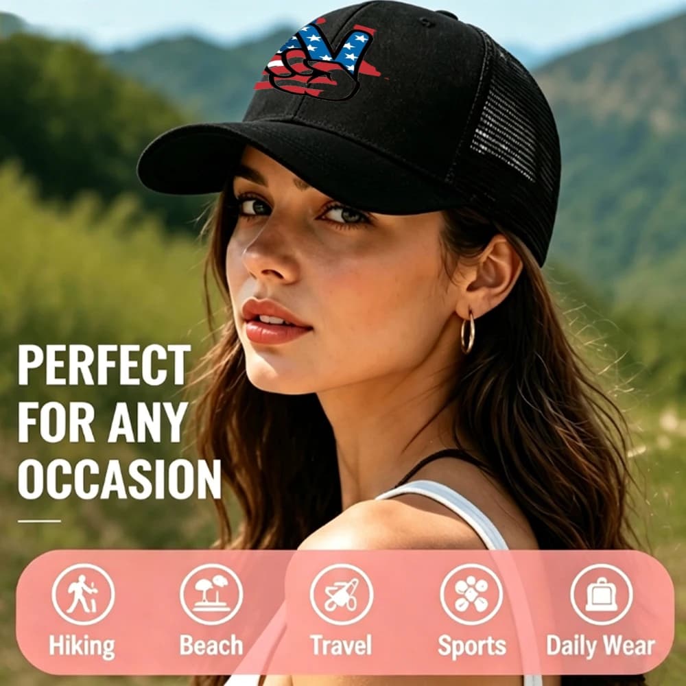 1 cappellino trucker regolabile in rete nera, cappellino da baseball casual con stampa bandiera americana e gesto della mano della pace, cappello protettivo solare per donne e uomini, perfetto per escursioni, spiaggia, viaggi, sport e uso quotidiano, elegante copricapo patriottico per il Quattro di Giugno