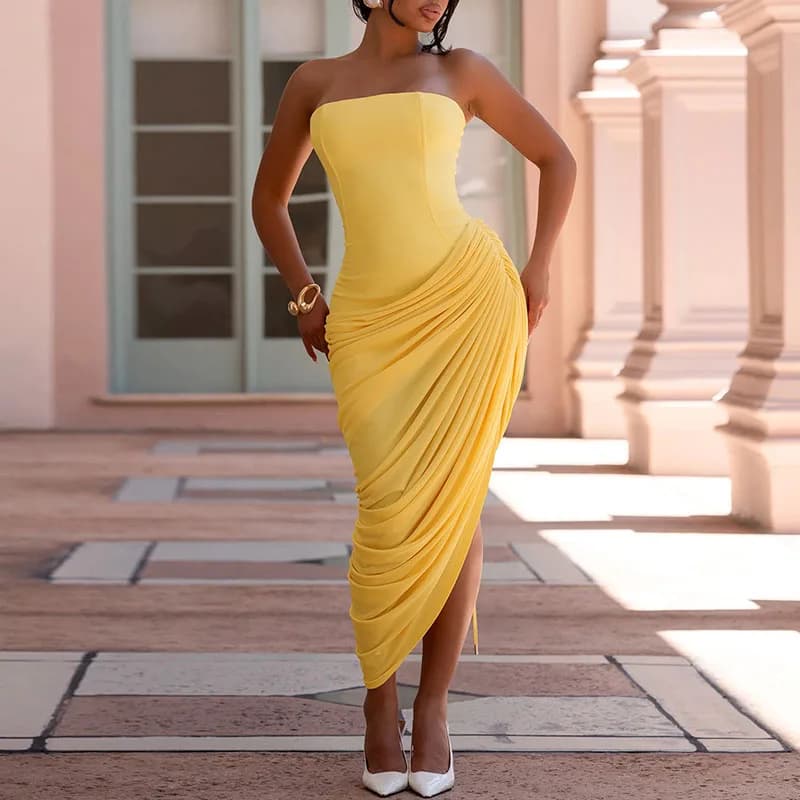 Elegant Solid Color Chiffon Party Dress Fashion High Waist Sleeveless Evening Dress Lady Sexy Off Shoulder Pleated Slim Dress