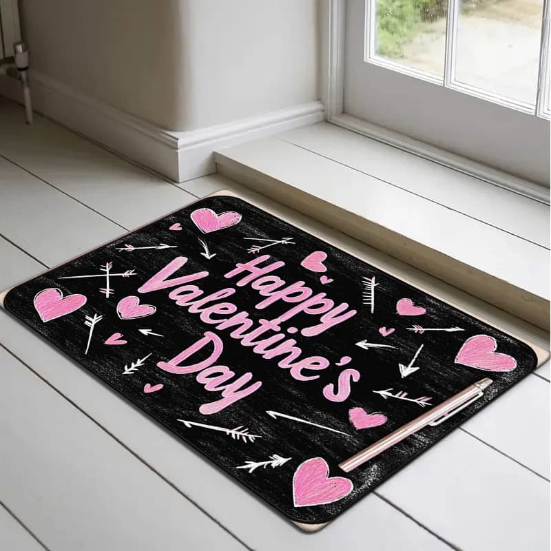 Zerbino di San Valentino in flanella spessa - Tappetino assorbente antiscivolo con cuori rosa, frecce e stampa "Buon San Valentino".