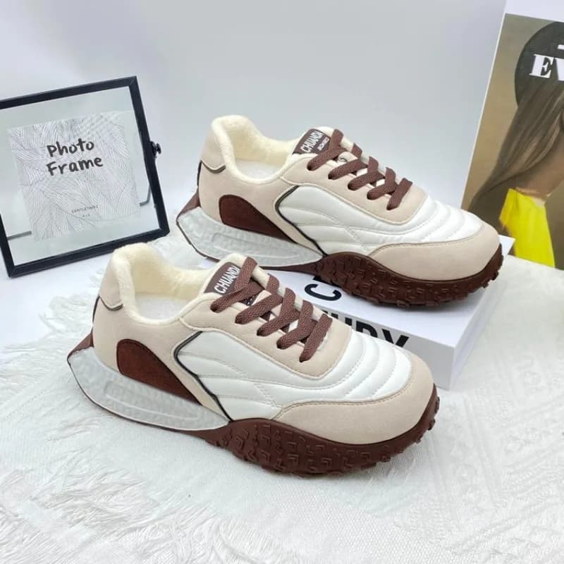 Caramel Cloud Quilted Fleece Running Sneakers Women Platform Thick Sole Memory Foam Arch Support Anti Slip Breathable Outdoor