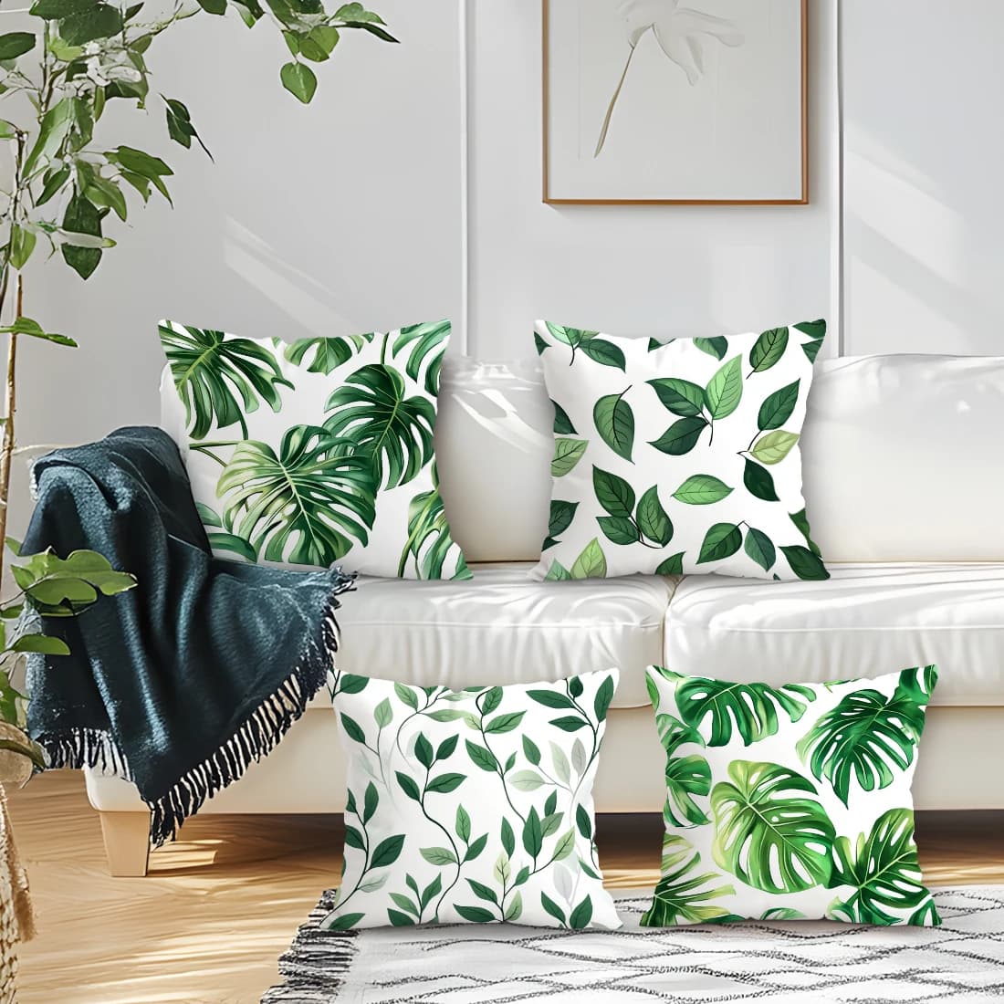 4 Pezzi Fodere per Cuscini con Stampa Foglie Verdi, Monofacciali, 40/45/50CM, Copricuscini Decorativi per Divano e Arredamento Casa