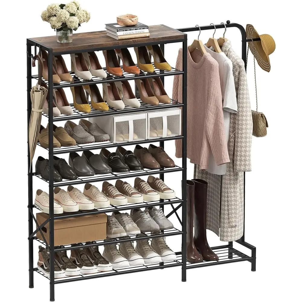 Organizer for Shoes 8 Shelves with Hooks, Upper shelf in Wood, Stand Metal hanger, Rustic and Black