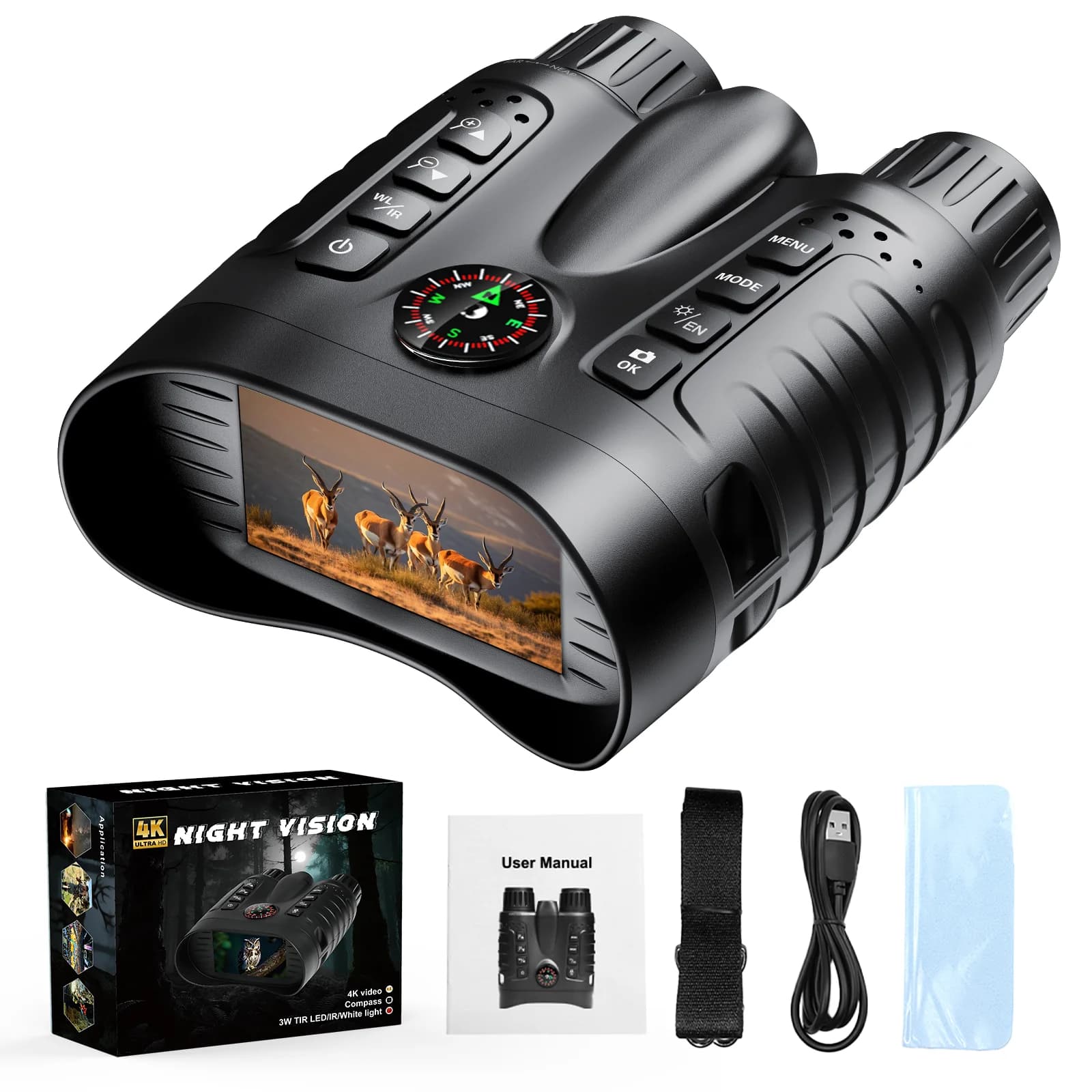 Binocolo per visione notturna 4K Zoom digitale 8X 4500mAh con bussola e torcia Occhiali con schermo da 3,2 pollici per la decorazione domestica