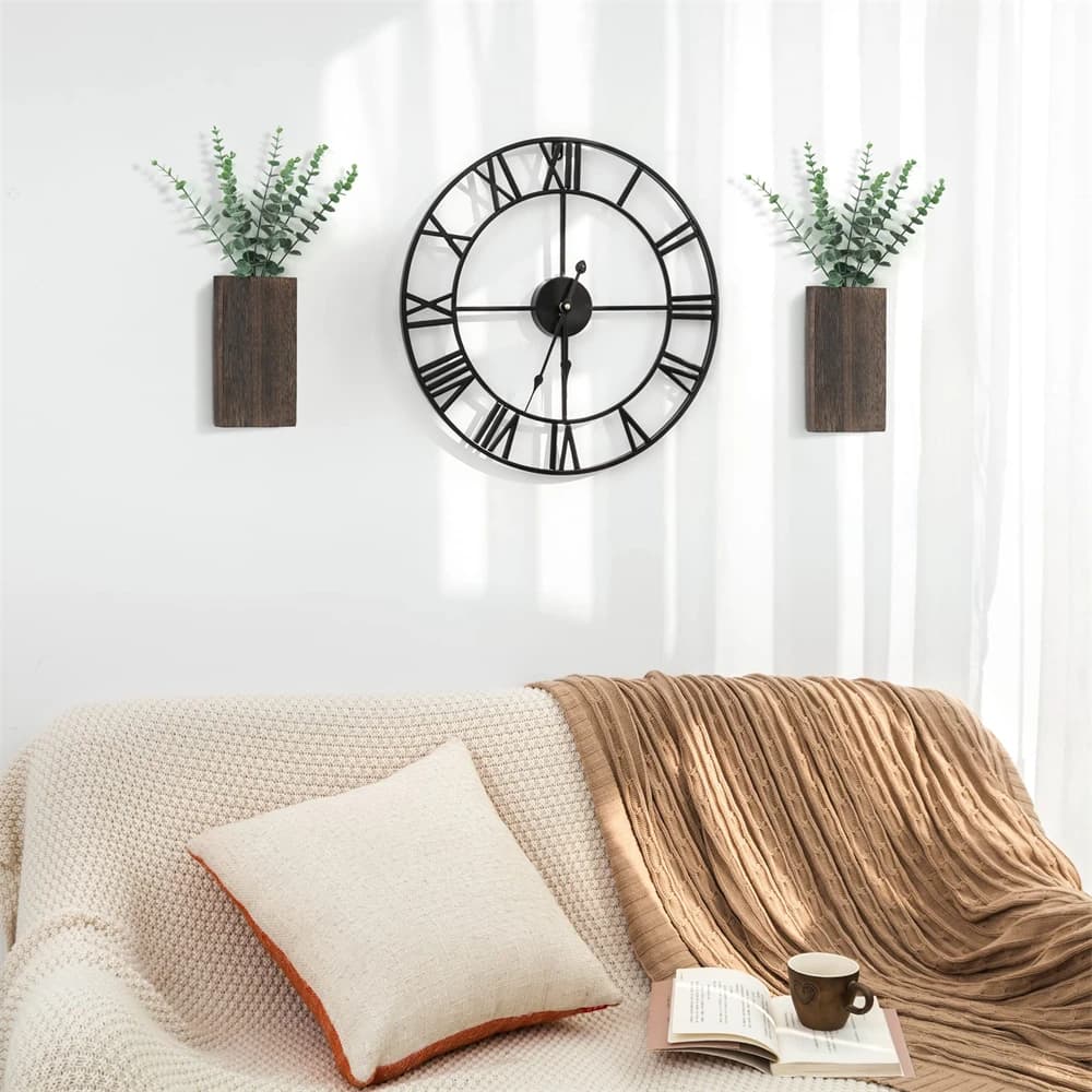 2 Pezzi Fioriere da Parete in Legno Stile Rustico con Eucalipto Artificiale, Porta Piante da Appendere per Fiori Secchi