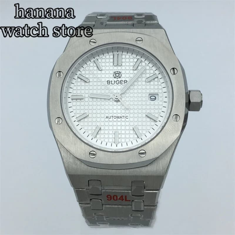 Orologio da uomo da 41 mm Movimento NH35 Cassa quadrata in acciaio ottagonale Blu Verde Quadrante argento Lancette luminose Vetro zaffiro piatto Data
