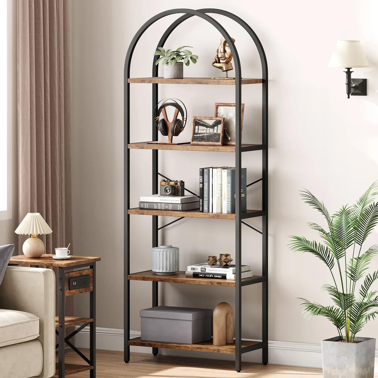 Scaffale ad arco a 5 livelli, libreria aperta industriale alta 180 cm, scaffalature portaoggetti in legno metallico con espositore indipendente