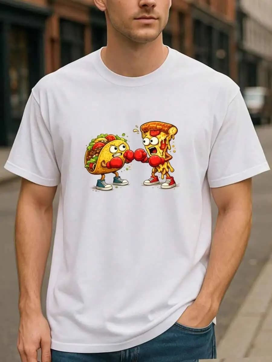 Taco Pizza Boxing Match Foodies' Wacky Style Suitable For All Seasons - Pure Cotton T-Shirt, Lightweight Sleeve, Clothing, Men's 100% Cotton Trendy Y2K Short-Sleeve Tee-Soft, Quick-Drying, Moisture-Wicking; Great Gift for Christmas or Halloween.