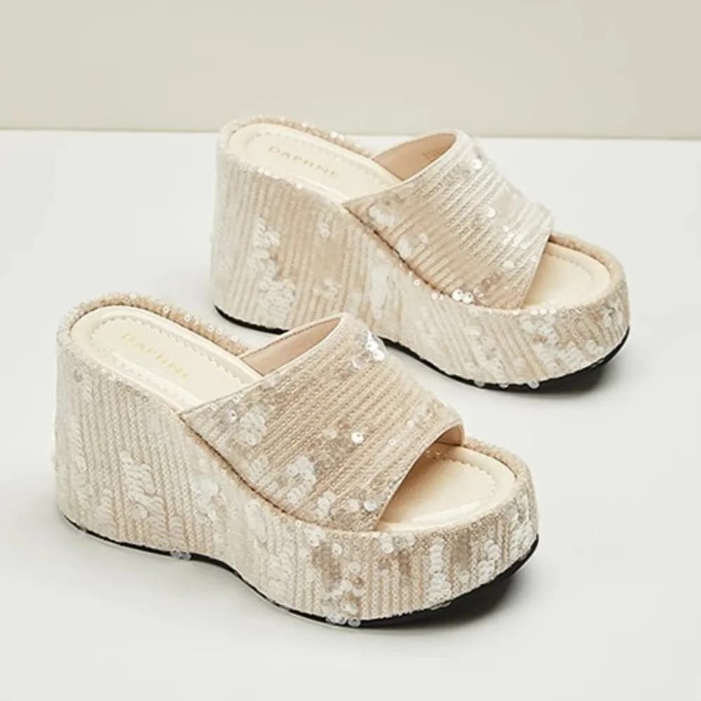 Wedge Heel Slippers Women's Summer Outer Sandals Fashion Sequin High Heeled Cool Slippers Women Designer Sandals 10 High