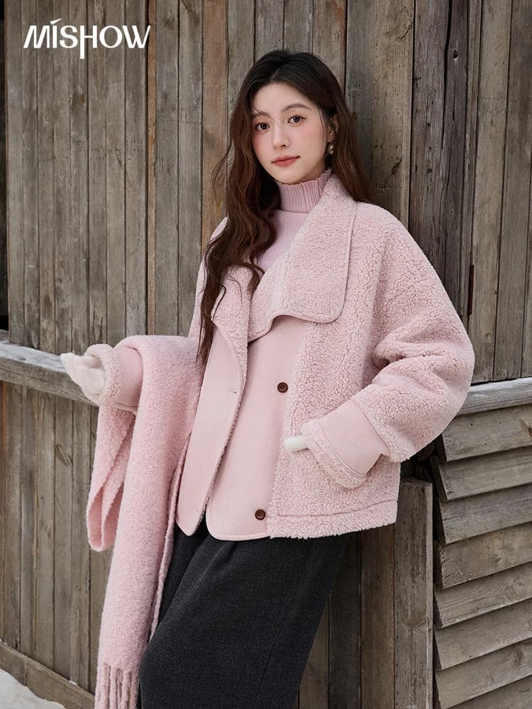 MISHOW Pink Jacket 2025 Winter French Style Double-Collar Patchwork Coat Windproof Warm Coats（Scarf Not Included ）MXE87W0978