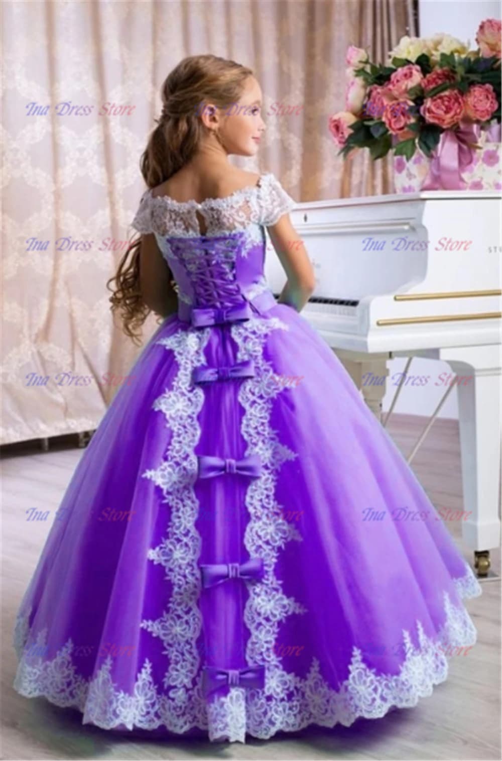 Elegante abito da ragazza di fiore viola in tulle con stampa in pizzo, ballo da principessa, abiti da prima comunione, festa di compleanno per bambini, abito da sera