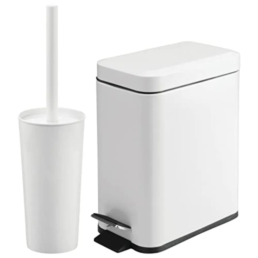 Scopino e Portascopino in Metallo Autoportante Sottile per WC + Cestino Rettangolare Stretto da 5 L / 1,3 Galloni con Pedale per Bagno