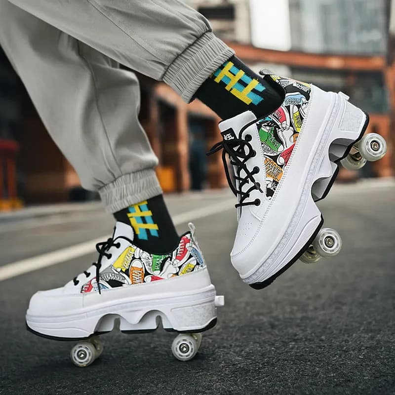 Unisex 4 Wheel Skating Shoes with Automatic Retractable Wheels, Dual Skating Sneakers Usage for Young and Adult