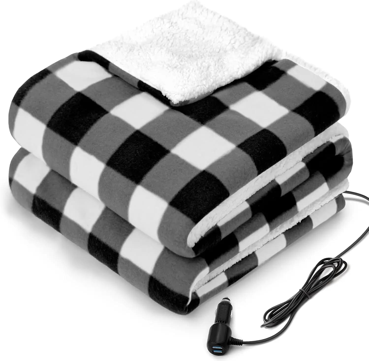 Coperta per auto riscaldata da 12 V con 2 porte USB, 3 livelli di calore e spegnimento automatico per veicoli e campeggio, lavabile in lavatrice