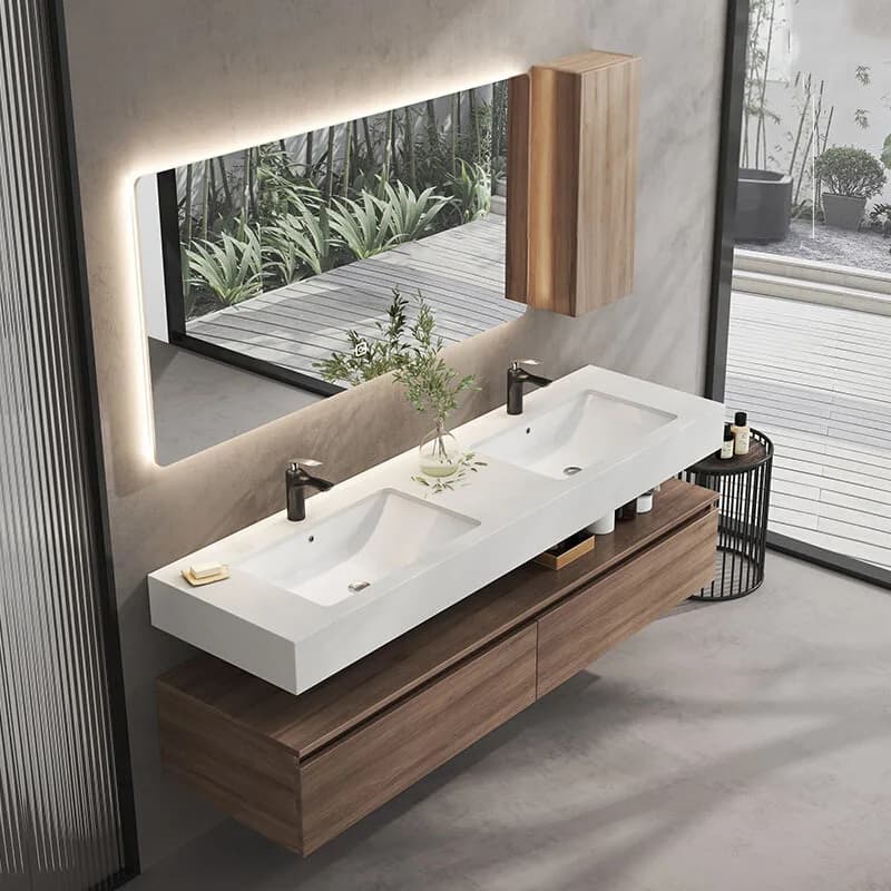 Mobile da bagno da appoggio in marmo con ampio spazio portaoggetti e specchio resistente