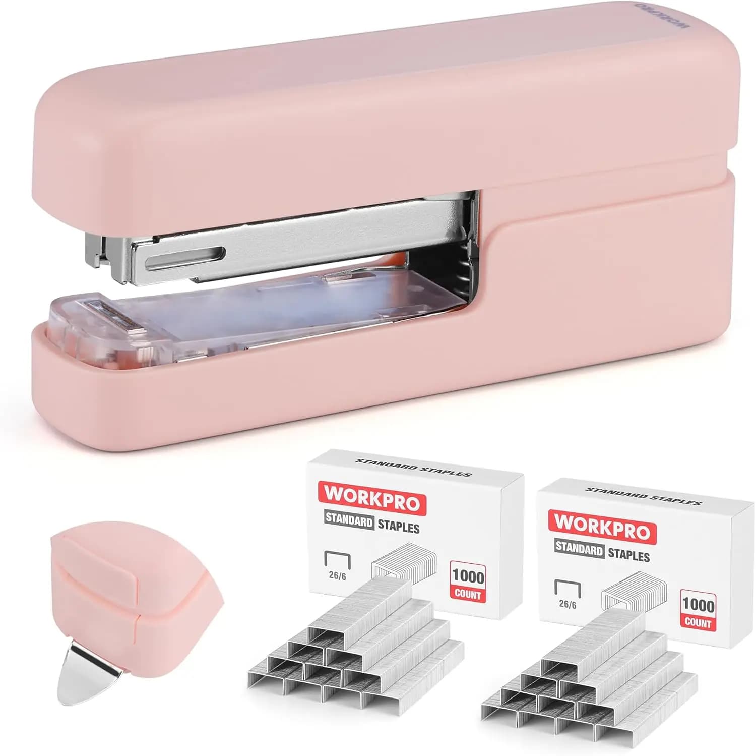 Cucitrice 2-in-1 con Dispositivo di Rimozione Graffette, Chiusura Piatta, Capacità 40 Fogli, Include 2000 Graffette, Base Antiscivolo, Rosa