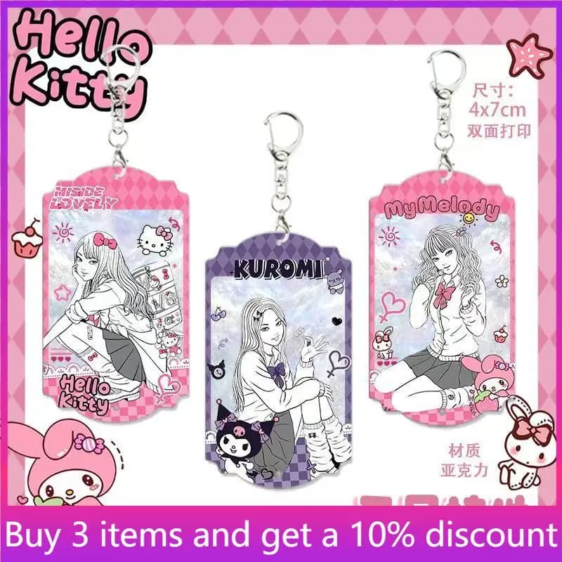 3 Stili di Portachiavi in Acrilico Tomie Kuromi, Ciondolo Collezionabile Tomie Hello Kitty con Nappa Bianca, Regalo di Compleanno