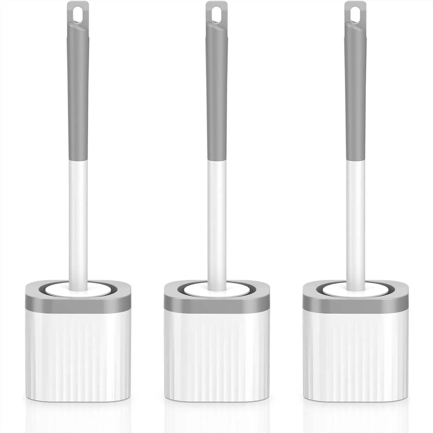 Set di spazzole per WC compatte con setole in nylon resistenti per la pulizia del bagno, confezione da 3 con supporto nascosto, grigio bianco