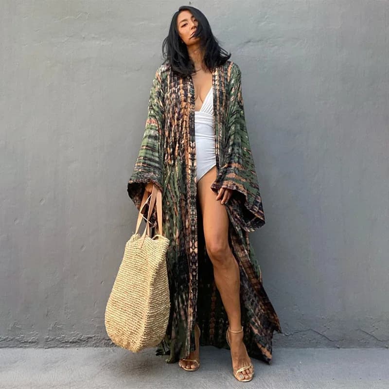 Copricostume da spiaggia da donna Tie Dye stampato Kimono Cardigan Abiti avvolgenti con cintura automatica Costumi da bagno per le vacanze estive