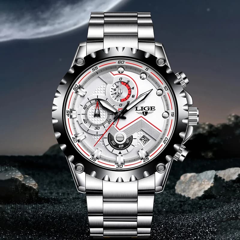 LIGE Orologio da uomo alla moda di lusso, casual, sportivo, con data automatica, in acciaio inossidabile, impermeabile, al quarzo, per uomo, cronografo + scatola