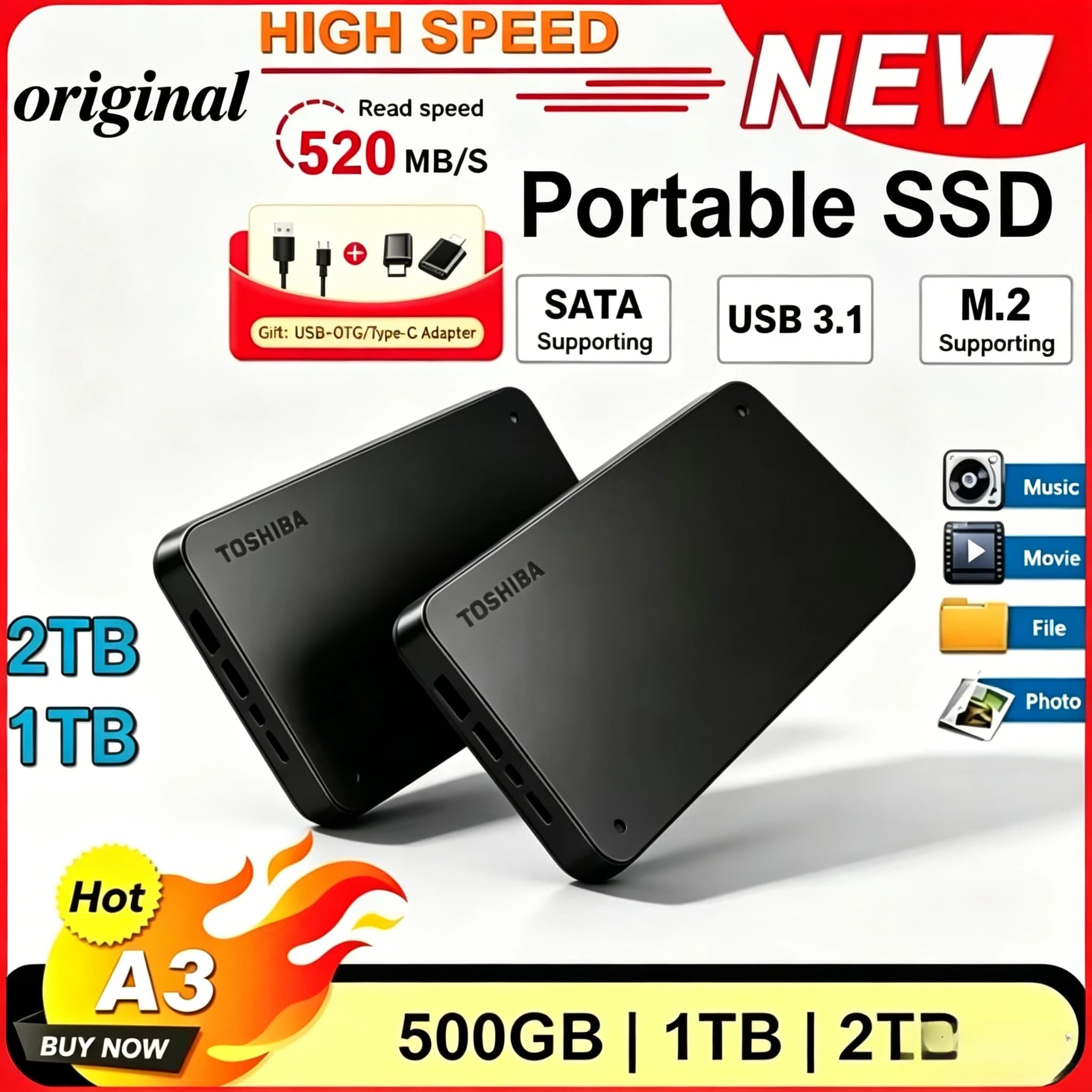 NEW Canvio Basics A3 Portable HDD USB3.0 High Speed External Hard Disk 500GB 1TB 2TB Black