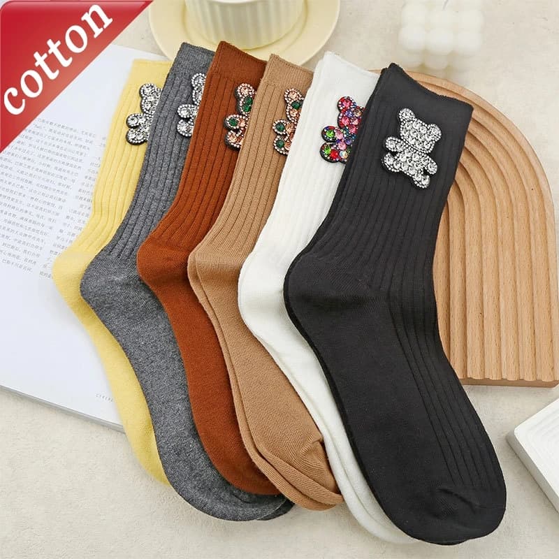 Ladies' Socks Korean Rhinestone Teddy Bear Shiny Kawaii Sweet Kawaii High-quality Comfortable Breathable Cotton Socks For Girl