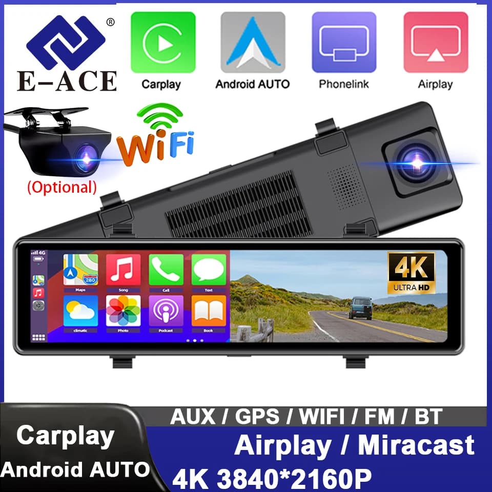 4K Dash Cam Car DVR for Car Android Carplay with 5G WIFI BT FM AUX Optional GPS support 1080P Camera for Reverse Car Recorder