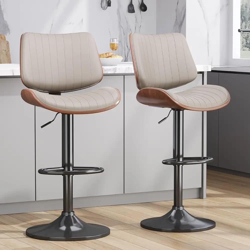 Set di 2 sgabelli da bar girevoli regolabili in pelle PU con schienale e poggiapiedi per isola cucina, bar, sala da pranzo, Greige