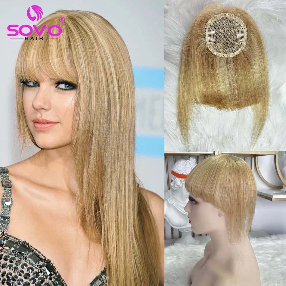 Blossom for human hair Clips in fringe cut beveled over the head Wispy Air Bang Black Brown Blonde 2 clips Hair Extensions Topper 8,5x7,5 cm