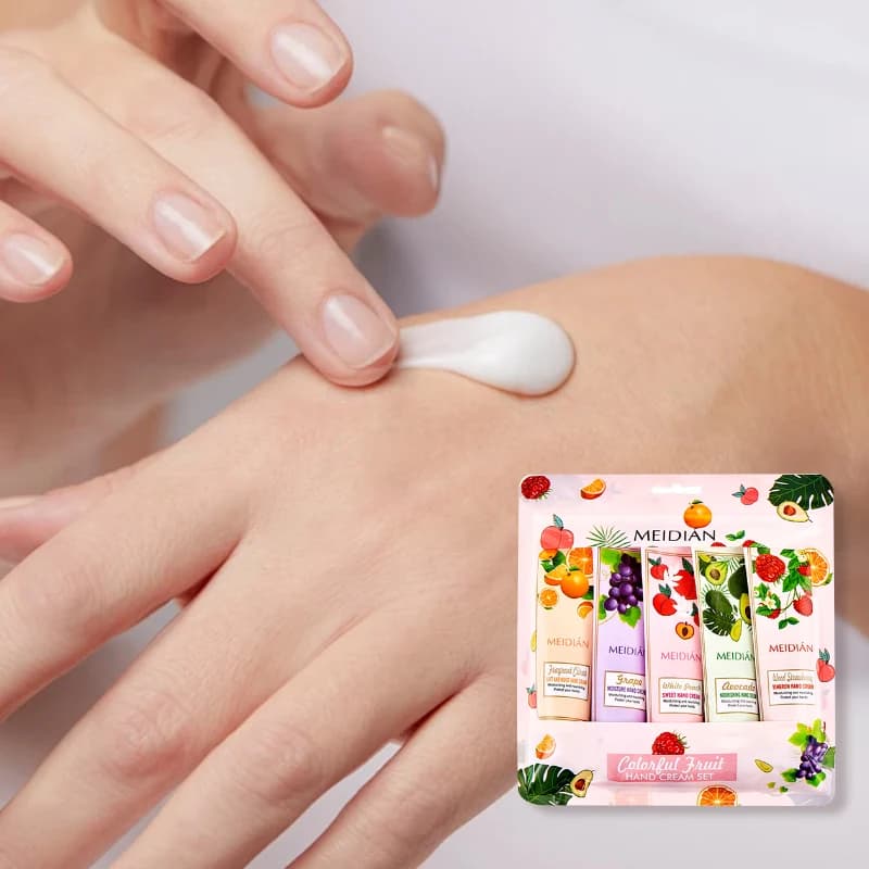 Pack of 5 creams for hands with fruit perfume Meidian, set of creams for hands moisturizing and long-lasting nutrients, cream for care of hands anti-screpolation autumn and winter, portable gift box of creams for hands with fruit perfume, gift for holidays, Christmas gift