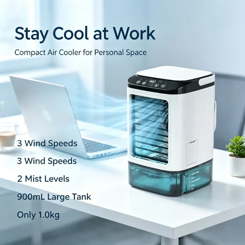 Mini Rechargeable Evaporative Cooling Fan 900ml Tank 3 Wind Speed 7 Color Night Light Humidifier For Indoor Travel Use