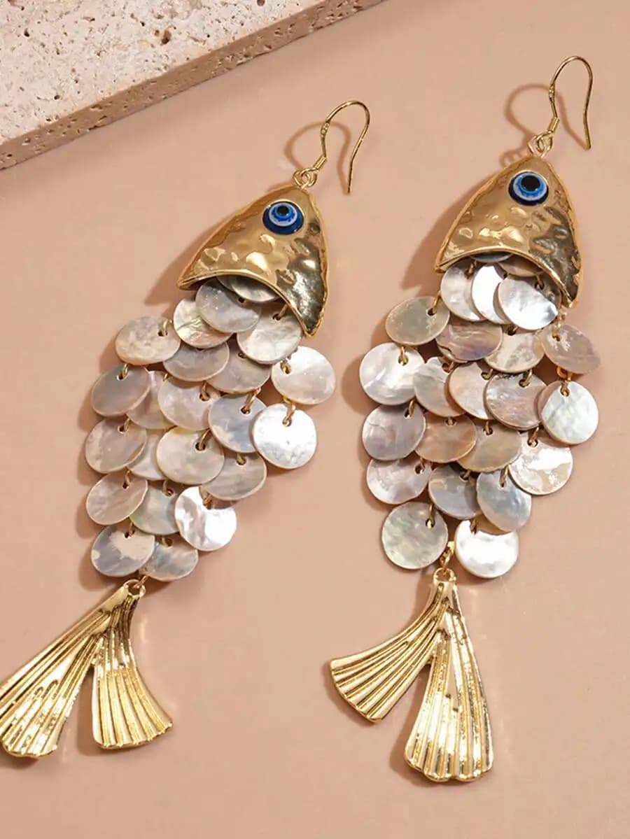 1 Pair Creative Fish Shaped Shell Tassel Earrings, Elegant Personalized Accessories With Beach Vacation Vibe